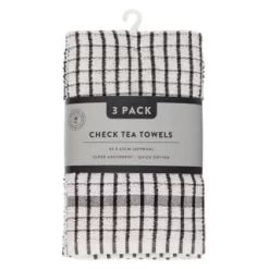 B&M Check Tea Towels - Black 3pk