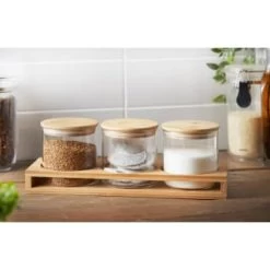 B&M Natural Home Glass Jars In Bamboo Stand 3pk -Kitchen Shop 380530 3pk natural home glass jars in bamboo stand 2