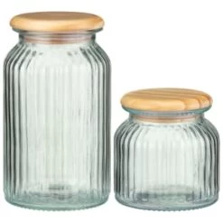 B&M Large Ribbed Glass Jar With Wooden Lid -Kitchen Shop 394426 394427 ribbed glass jar with wooden lid group