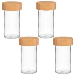 B&M Set Of 4 Glass Spice Jars With Bamboo Wood Base -Kitchen Shop 394437 set of 4 glass spice jars with bamboo wood lid and base group