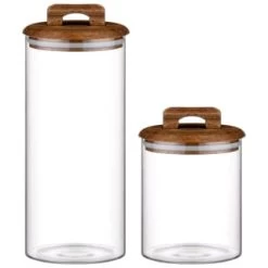 B&M Small Glass Jar With Acacia Wood Lid -Kitchen Shop 394438 394439 glass canister with acacia wood group
